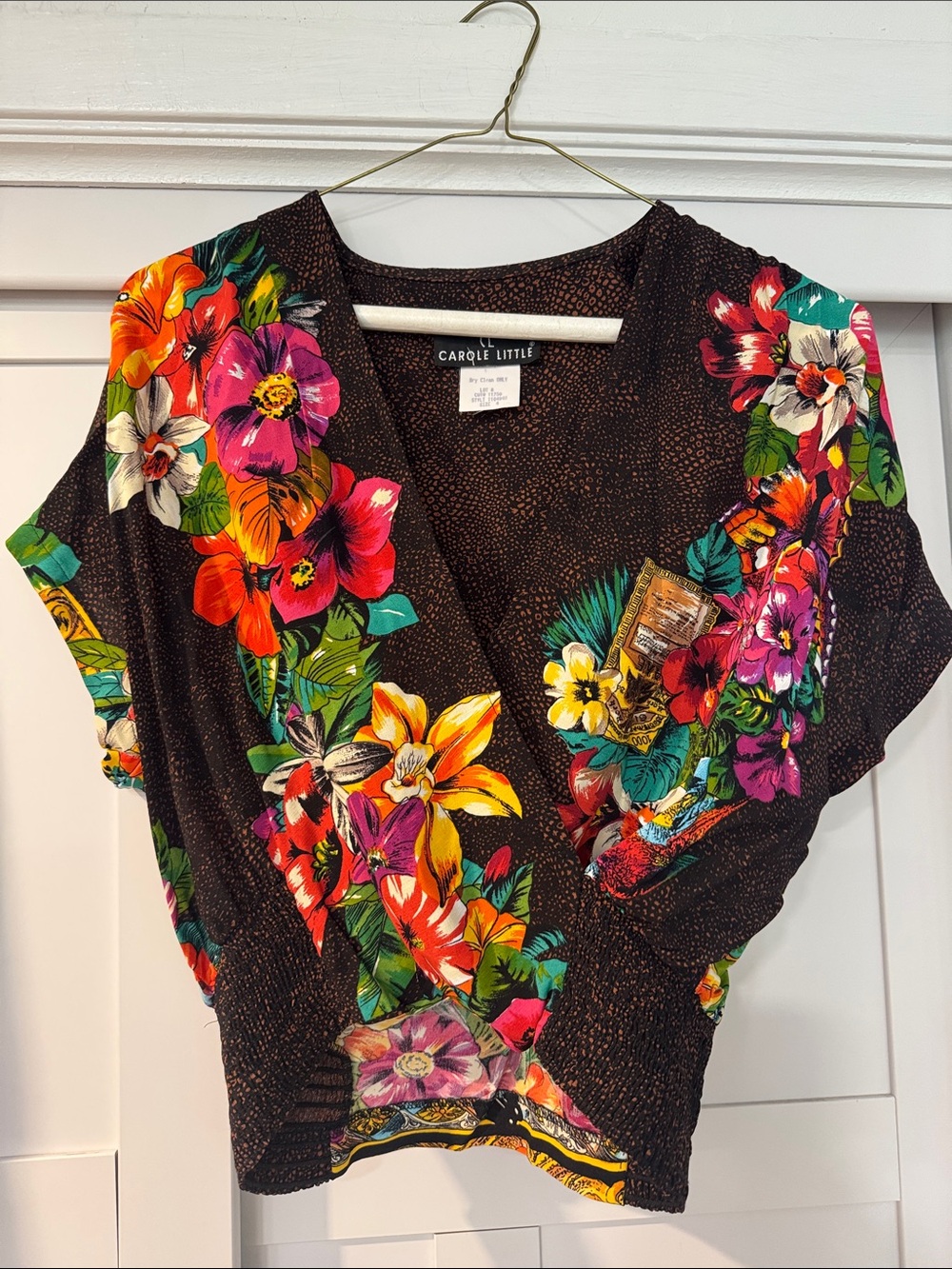 Vintage Carole Little Black Floral Wrap Blouse with Bright Multicolor Blooms